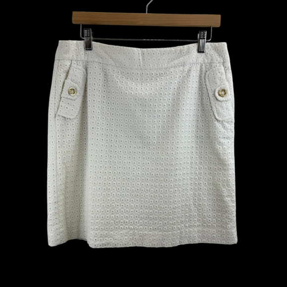 Elliot Lauren Cream Eyelet Classic Knee Length Skirt 10 Sophisticated Minimalist - Picture 1 of 7